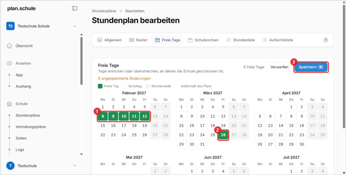 Kalender mit markierten freien Tagen