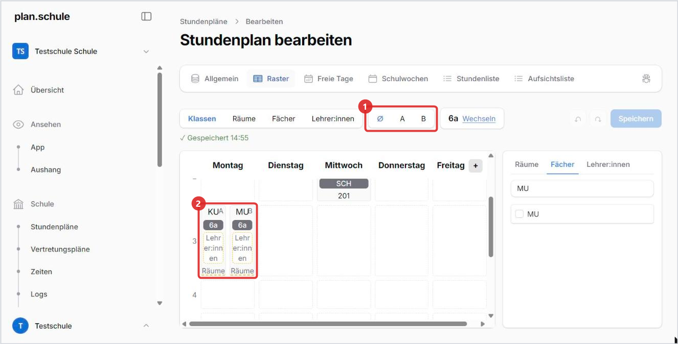 Raster mit Stunden nur in der A- und B-Woche