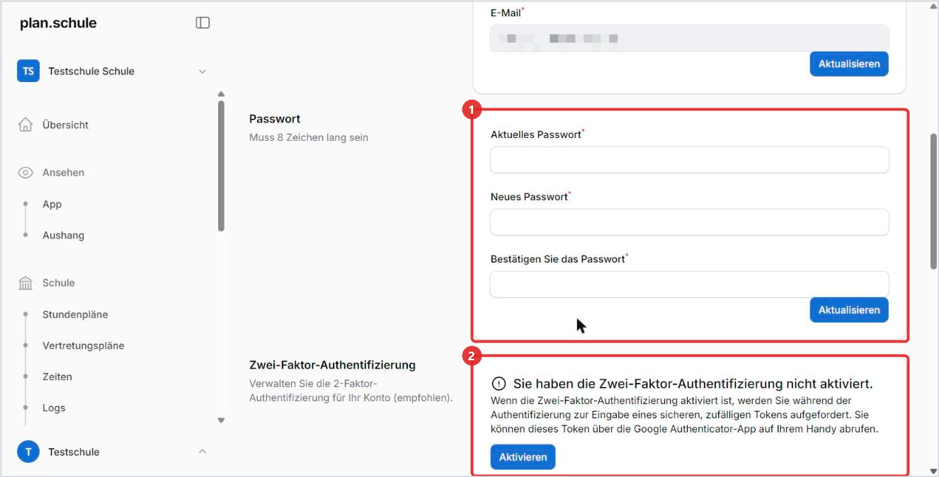 Passwort ändern und Zwei-Faktor-Anmeldung